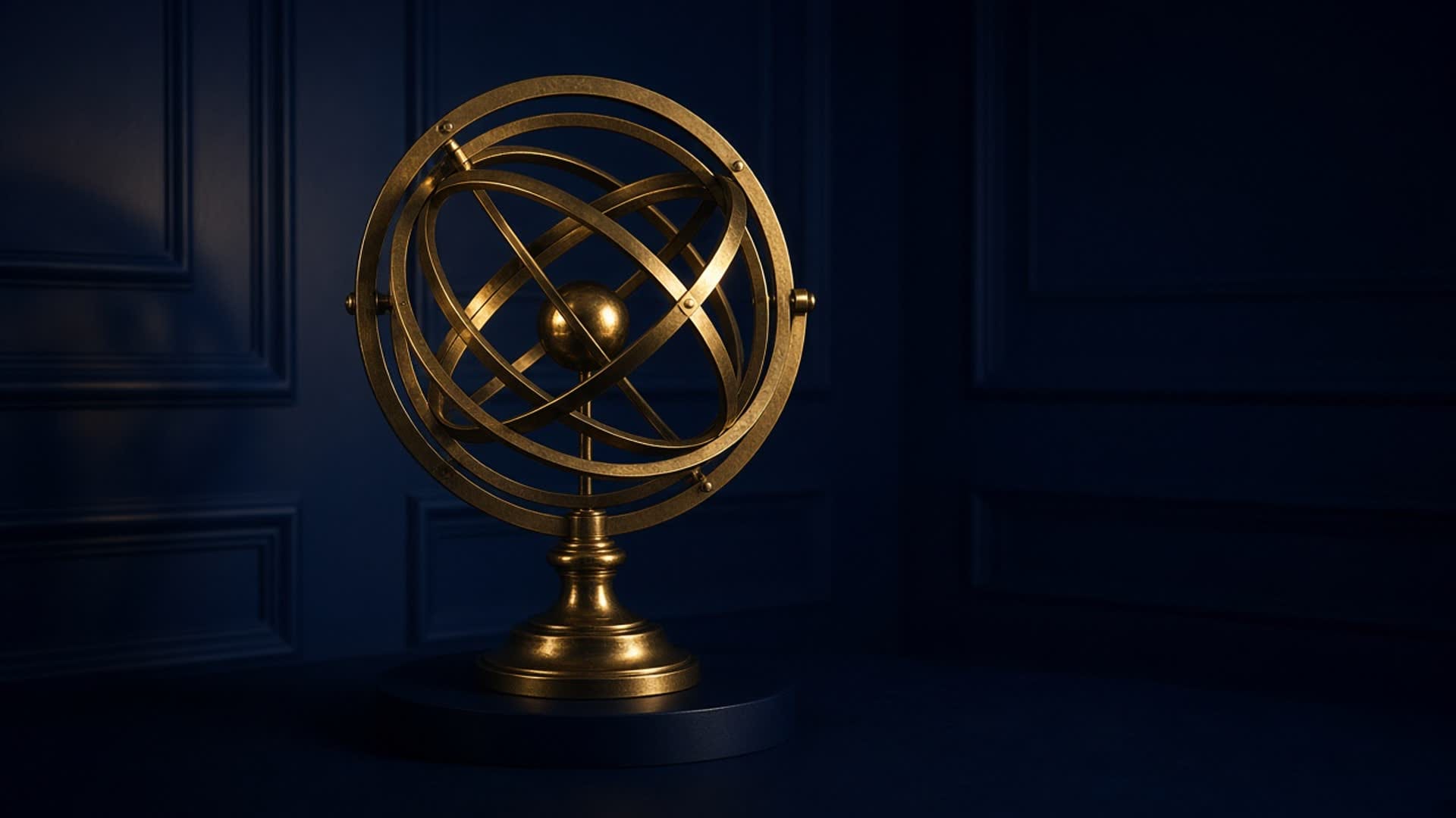 Brass armillary sphere in a navy room