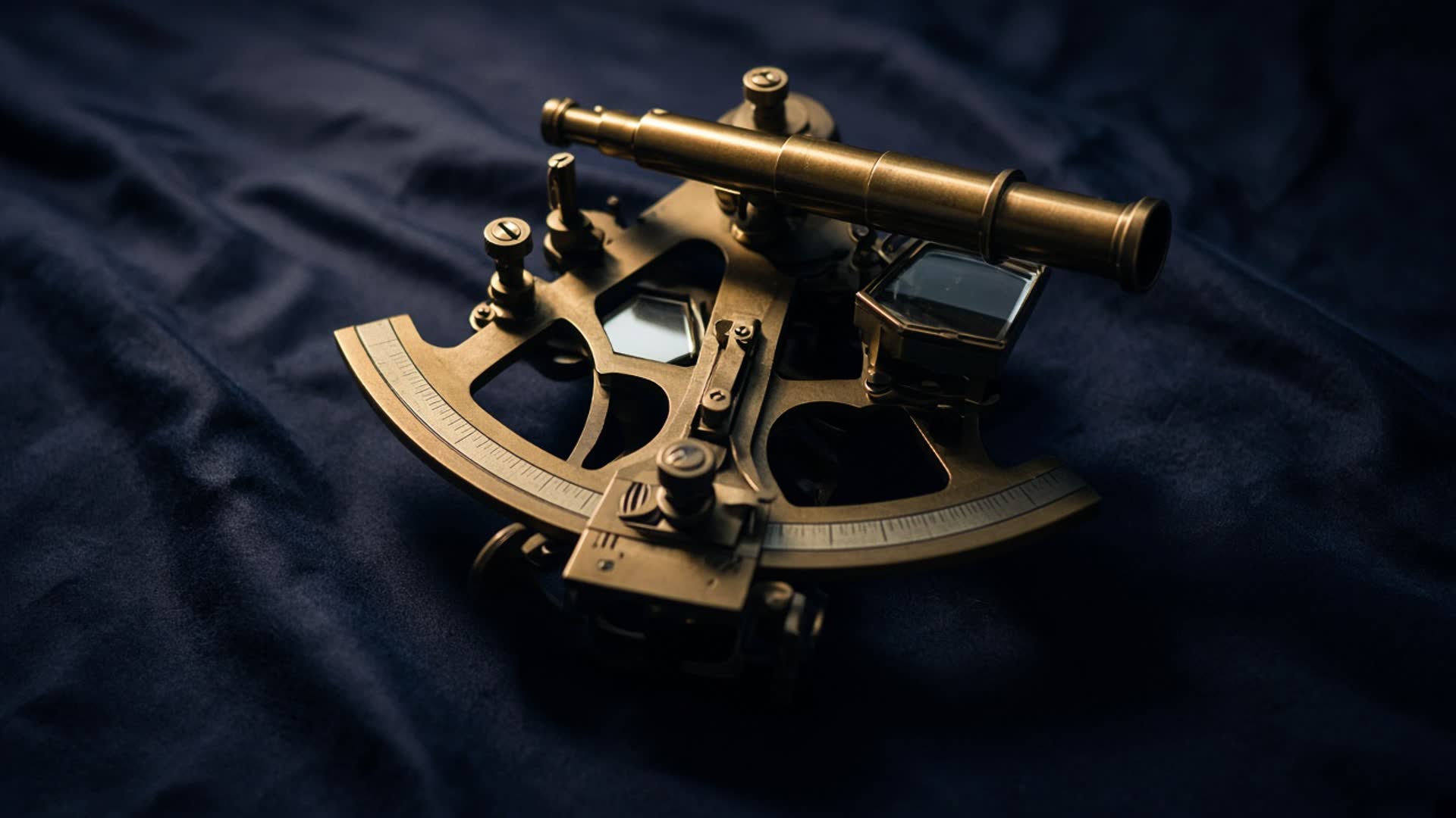 Brass sextant on navy cloth