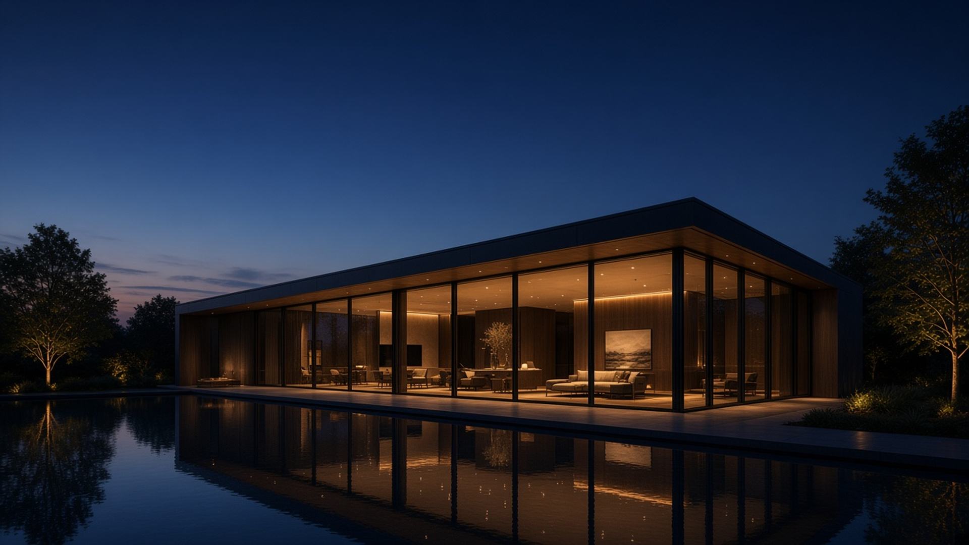 Low glass pavilion beside a reflecting pool at blue hour