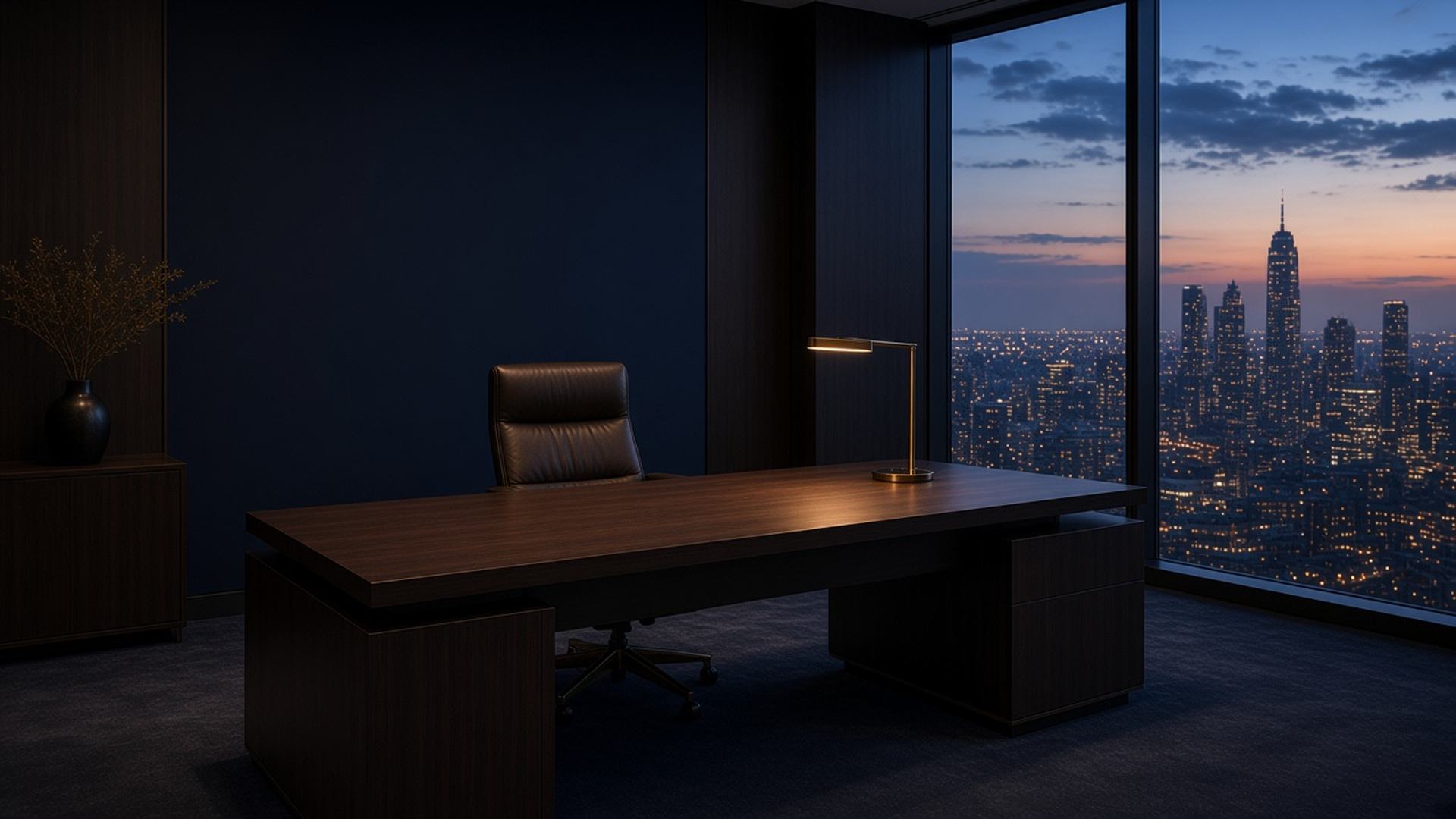 Empty private office with one desk and a window at dusk
