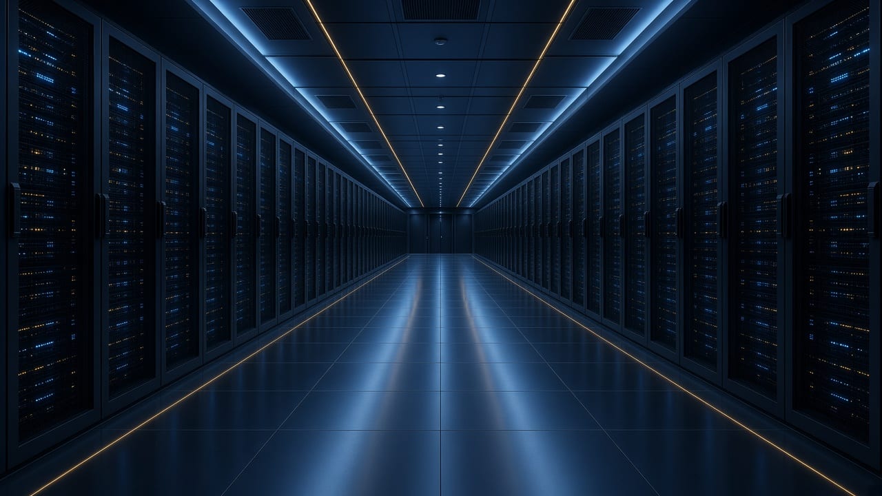 Corridor of server racks in a secure data center