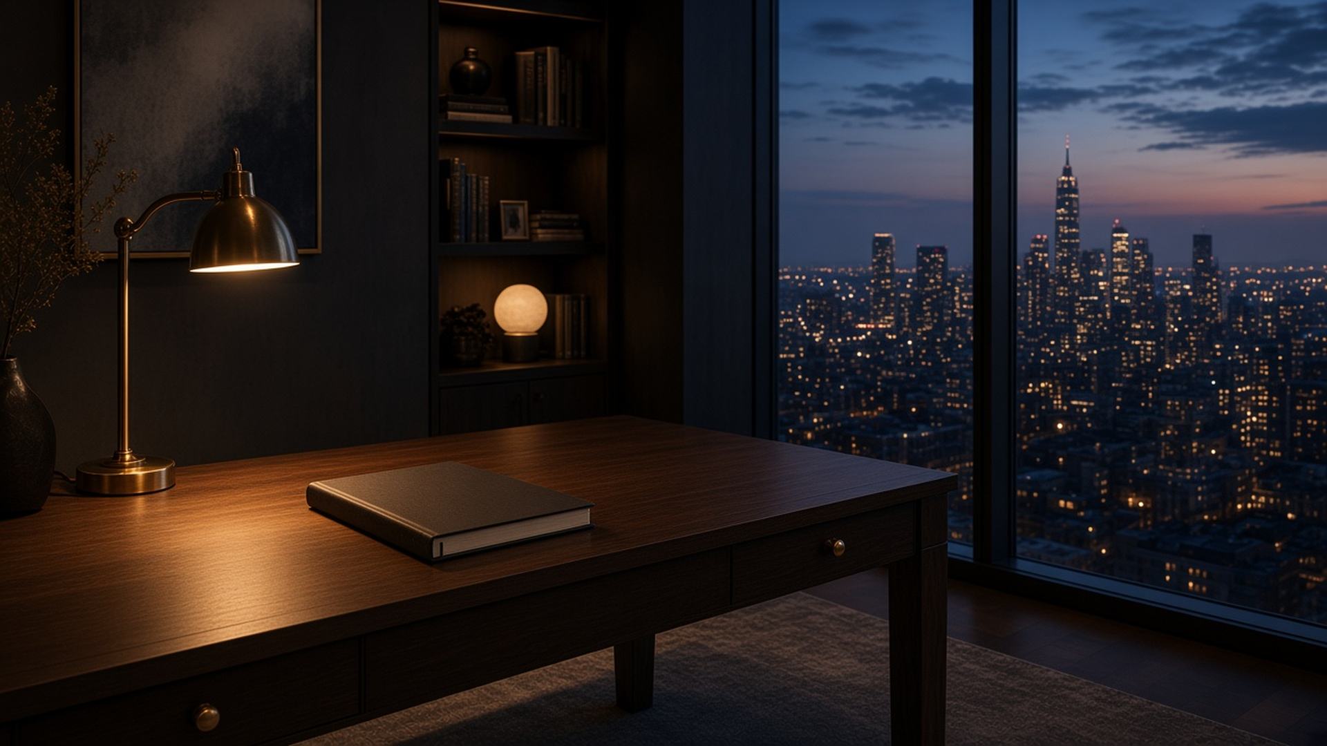 Editor's desk and a closed notebook beside a window at blue hour