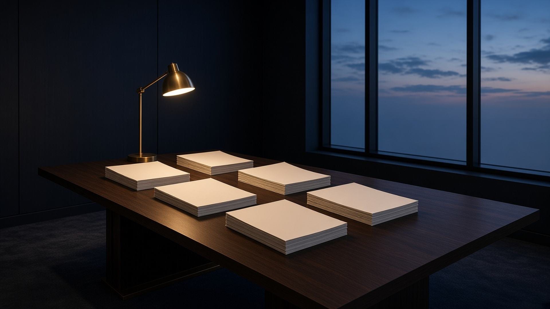 Bindery table with stacked blank paper and one lamp