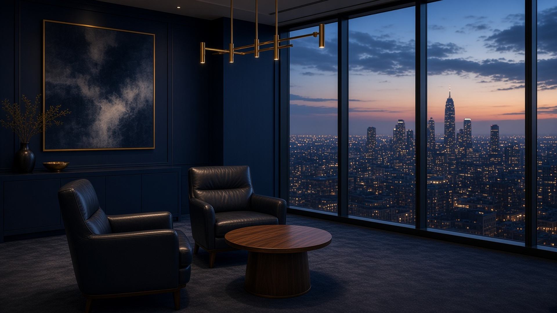 Two leather chairs and a small table beside a window at dusk