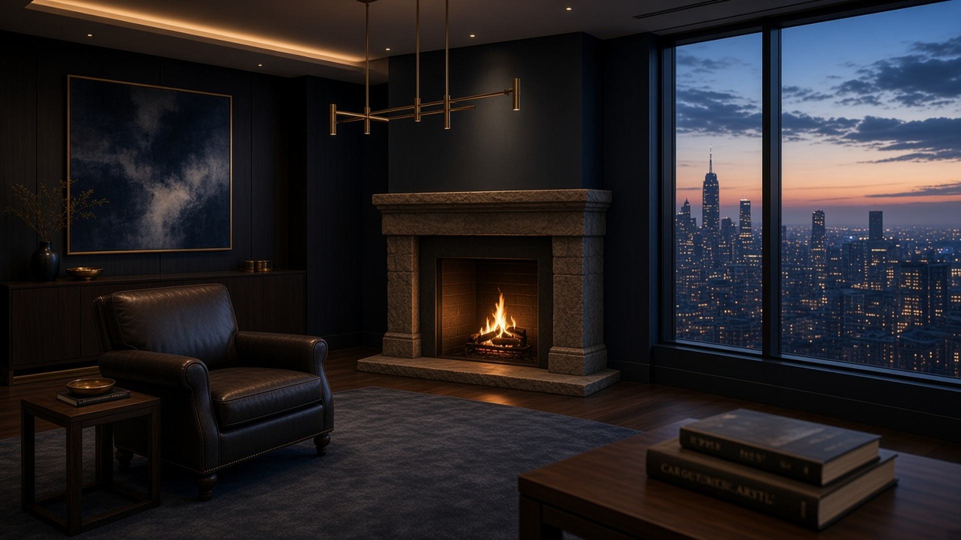Wood-paneled study with an unlit fireplace and one chair