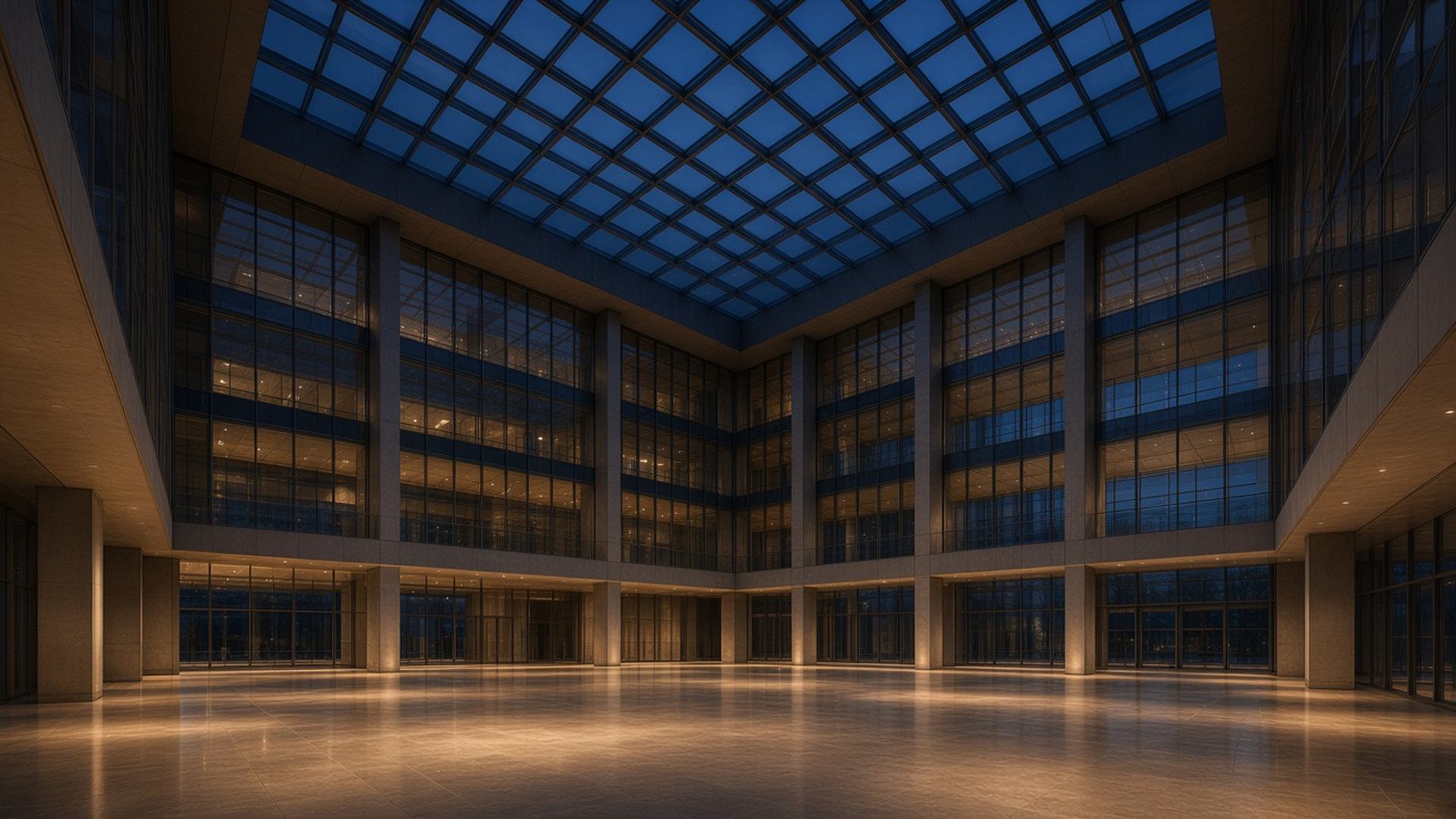 Empty stone atrium under a glass grid at dusk
