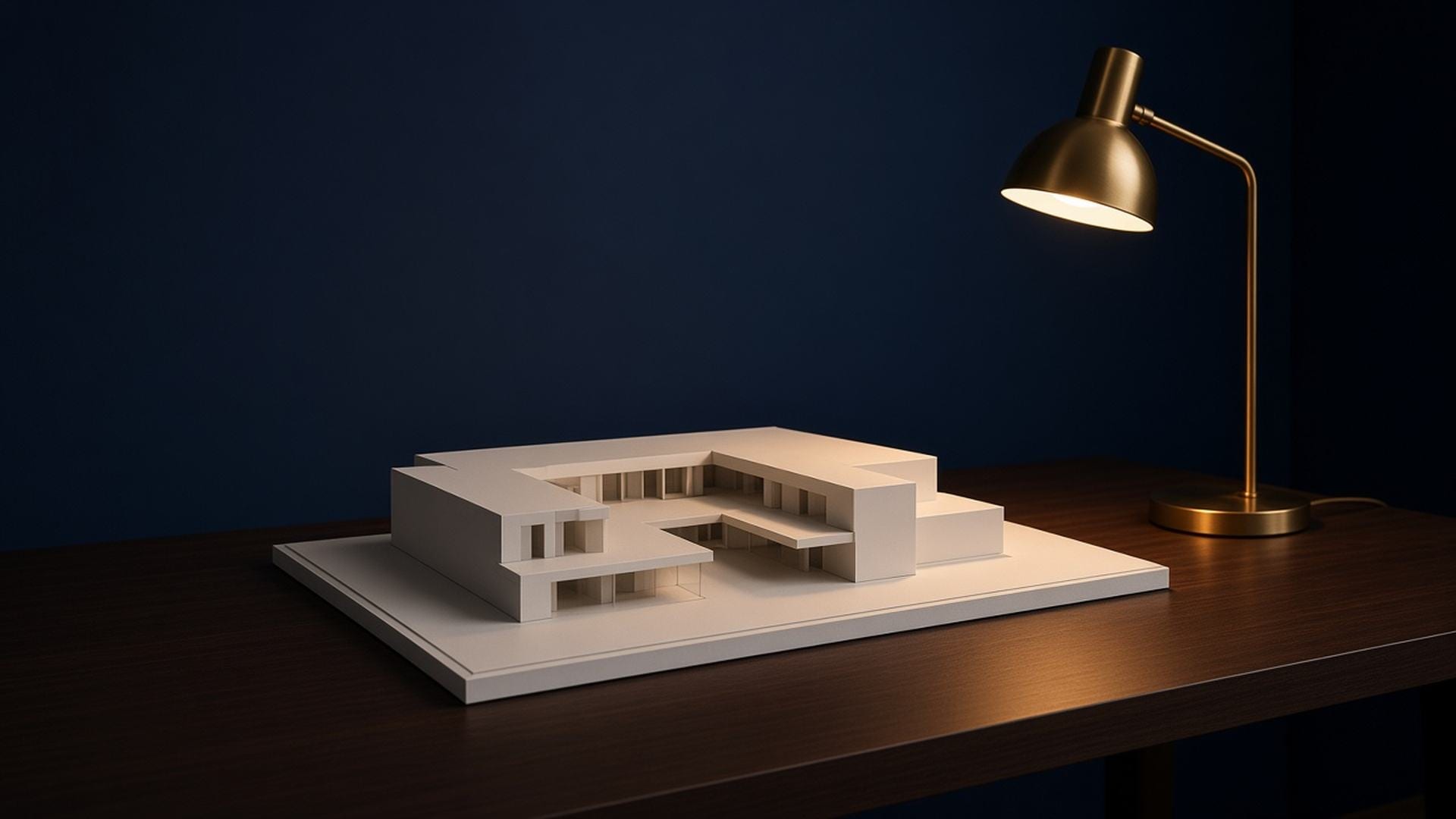 White architectural massing model on a dark table