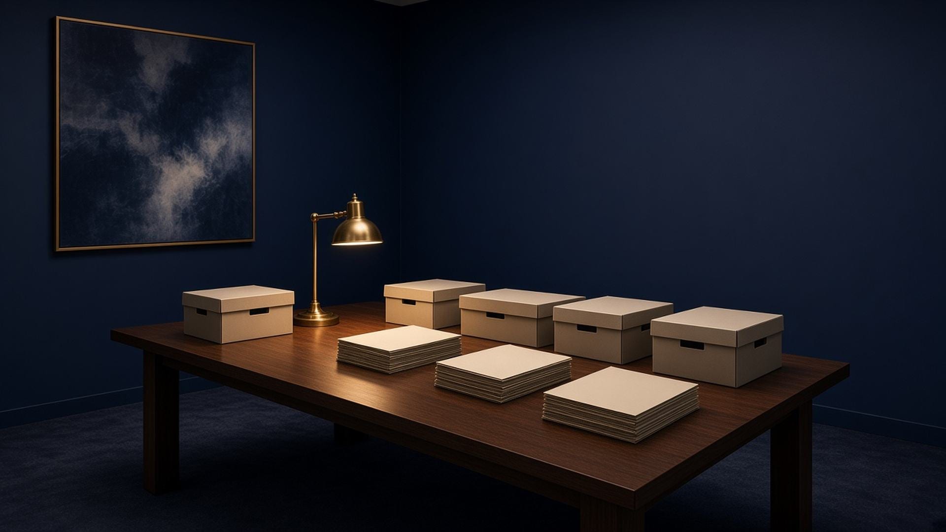 Records table with closed boxes and a brass lamp in a navy room
