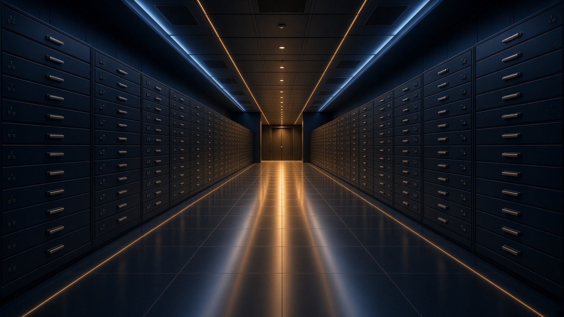 Archive aisle of flat-file cabinets with a warm light at the far end