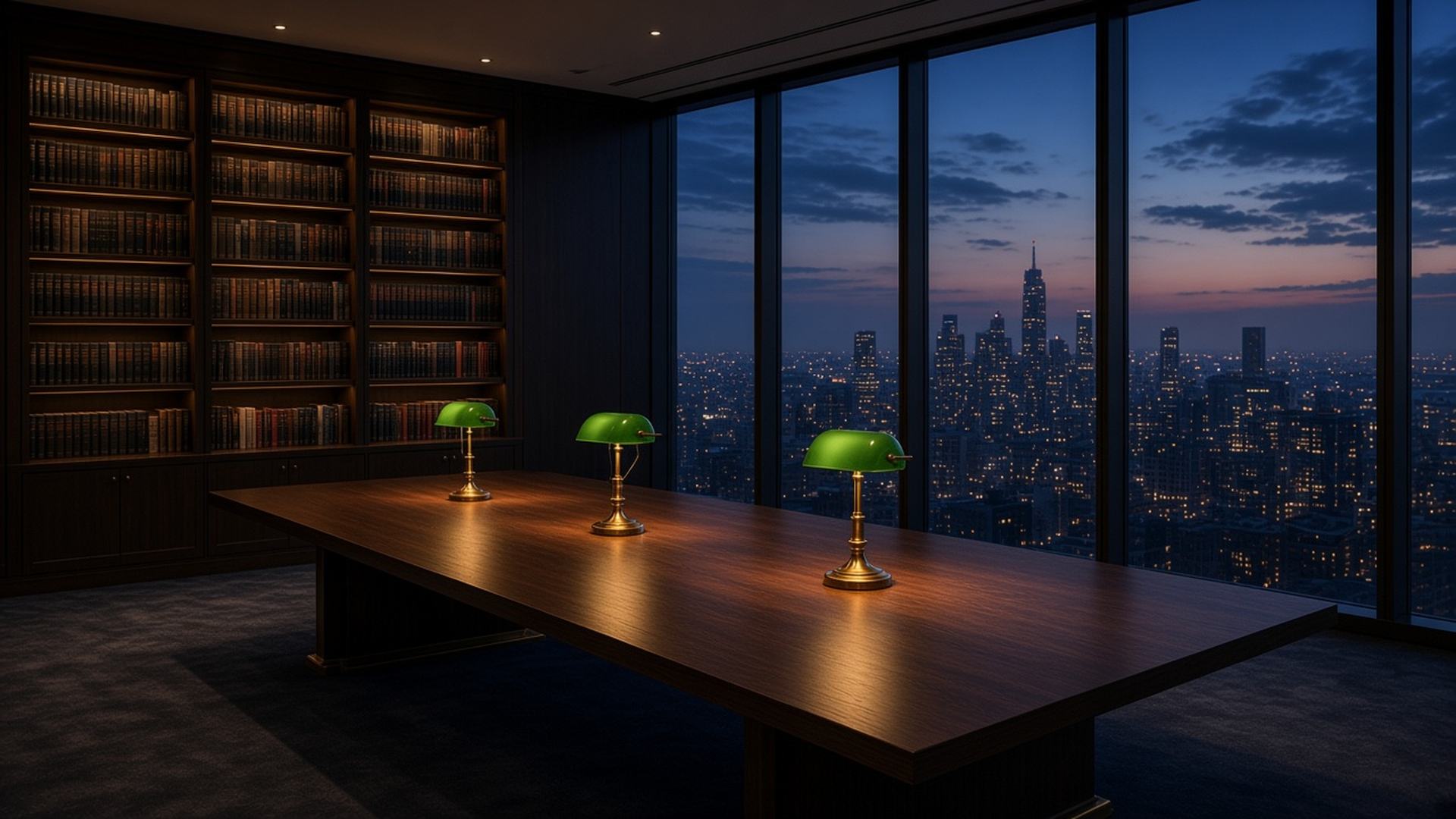 Reading room with a long table and green lamps at dusk