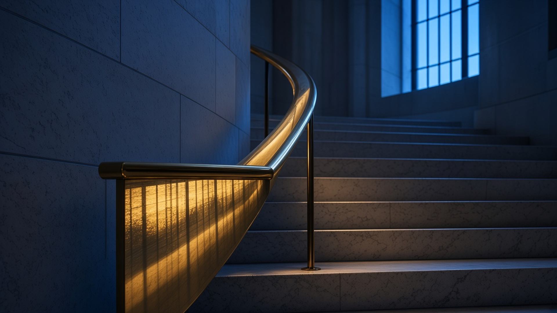 Stone stair and a brass handrail in blue light