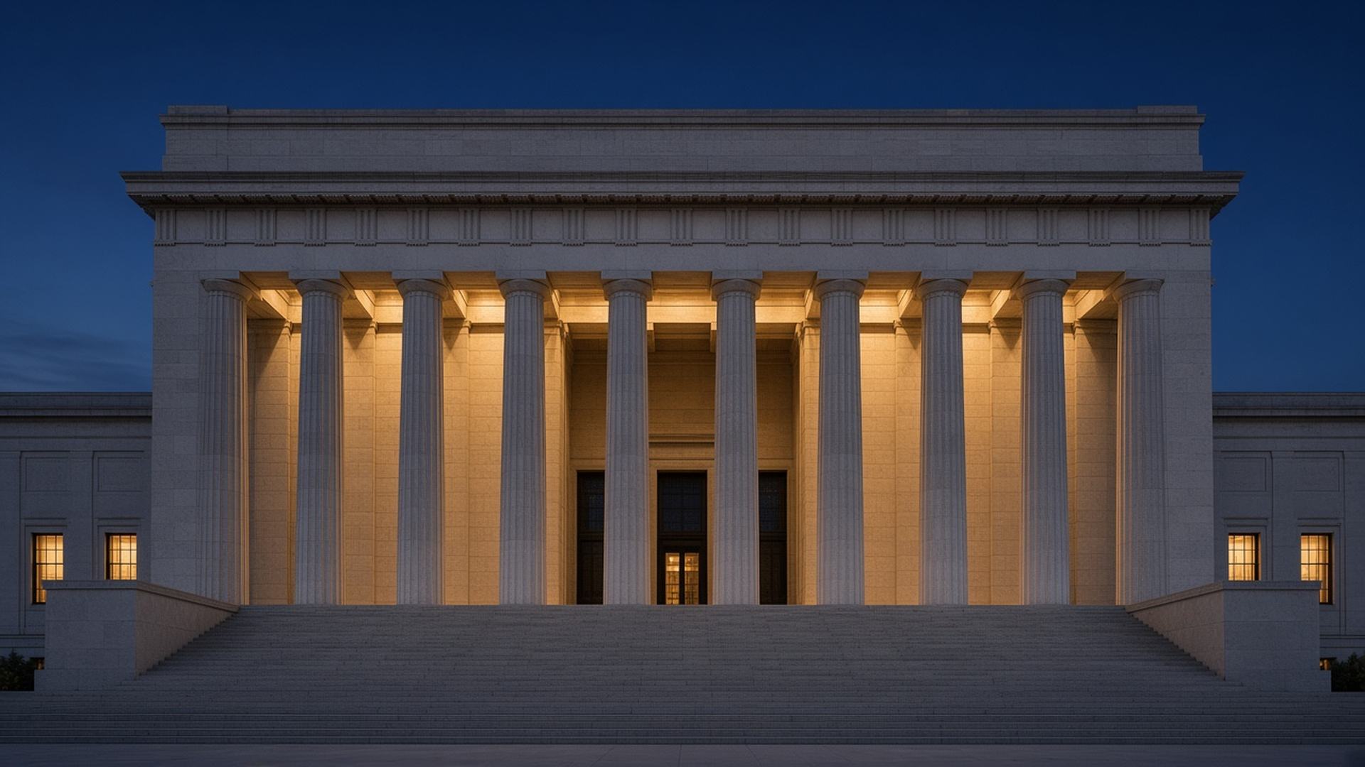 Limestone colonnade and empty steps at blue hour