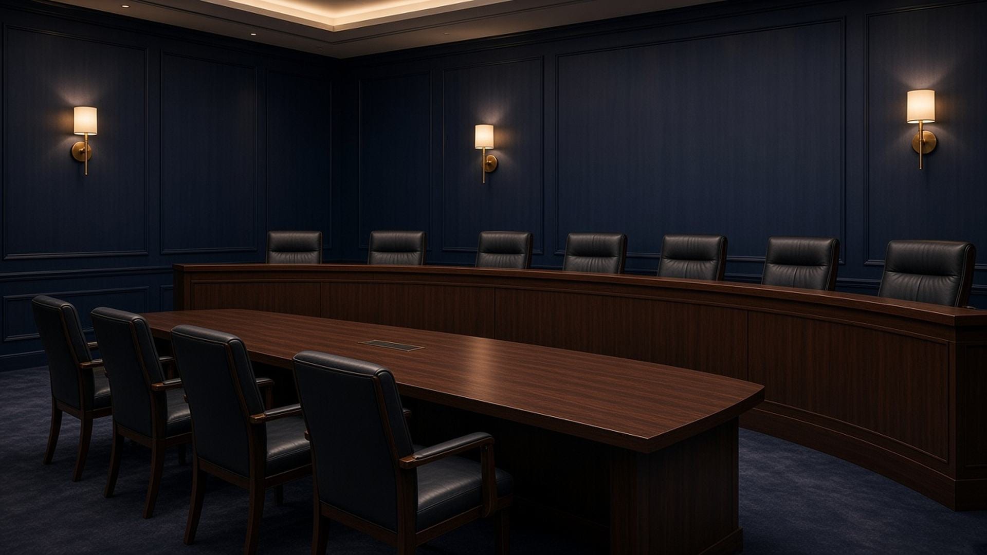 Empty wood-paneled hearing room with a curved bench