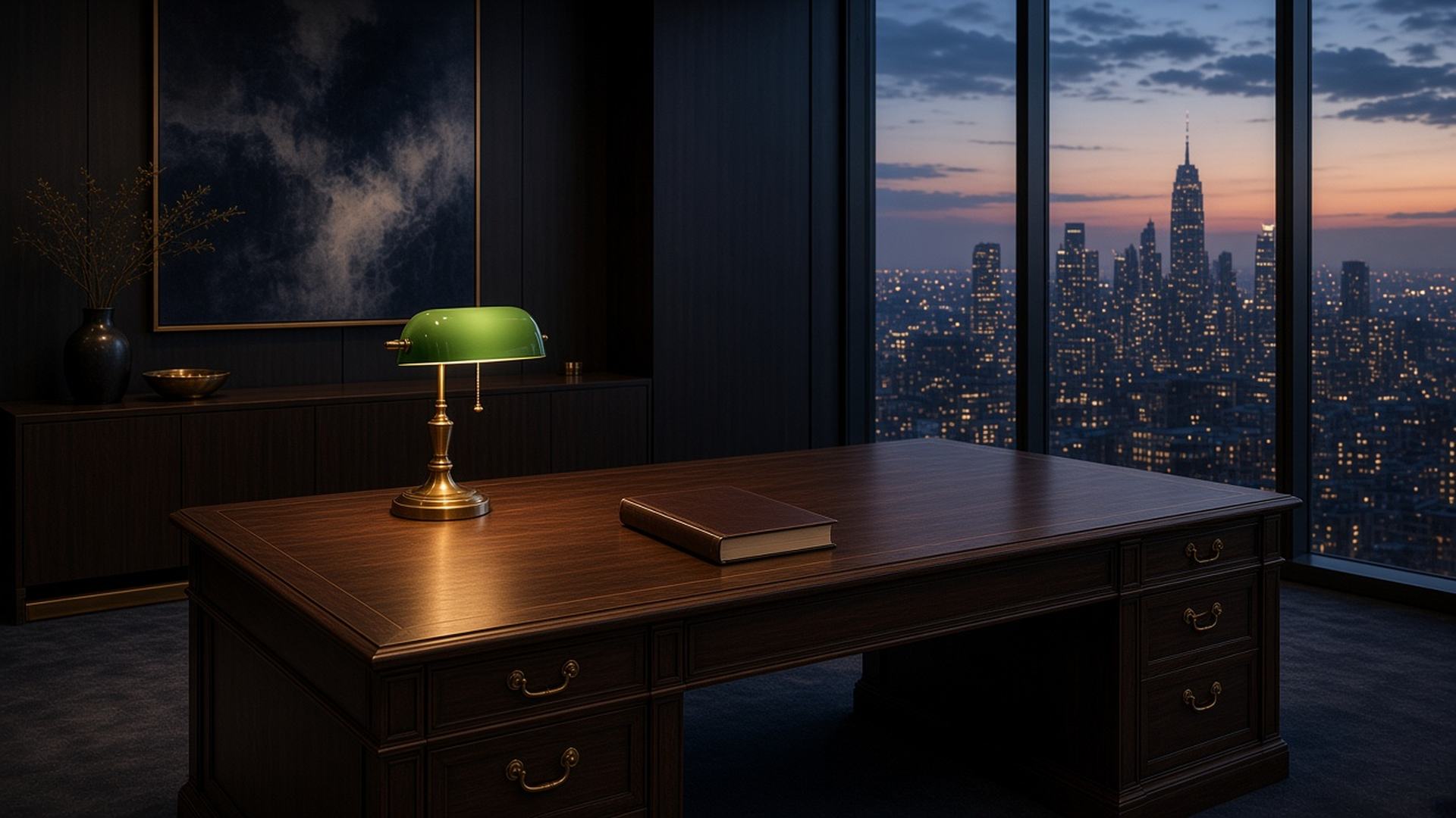 Closed leather-bound volume on a dark table under a lamp