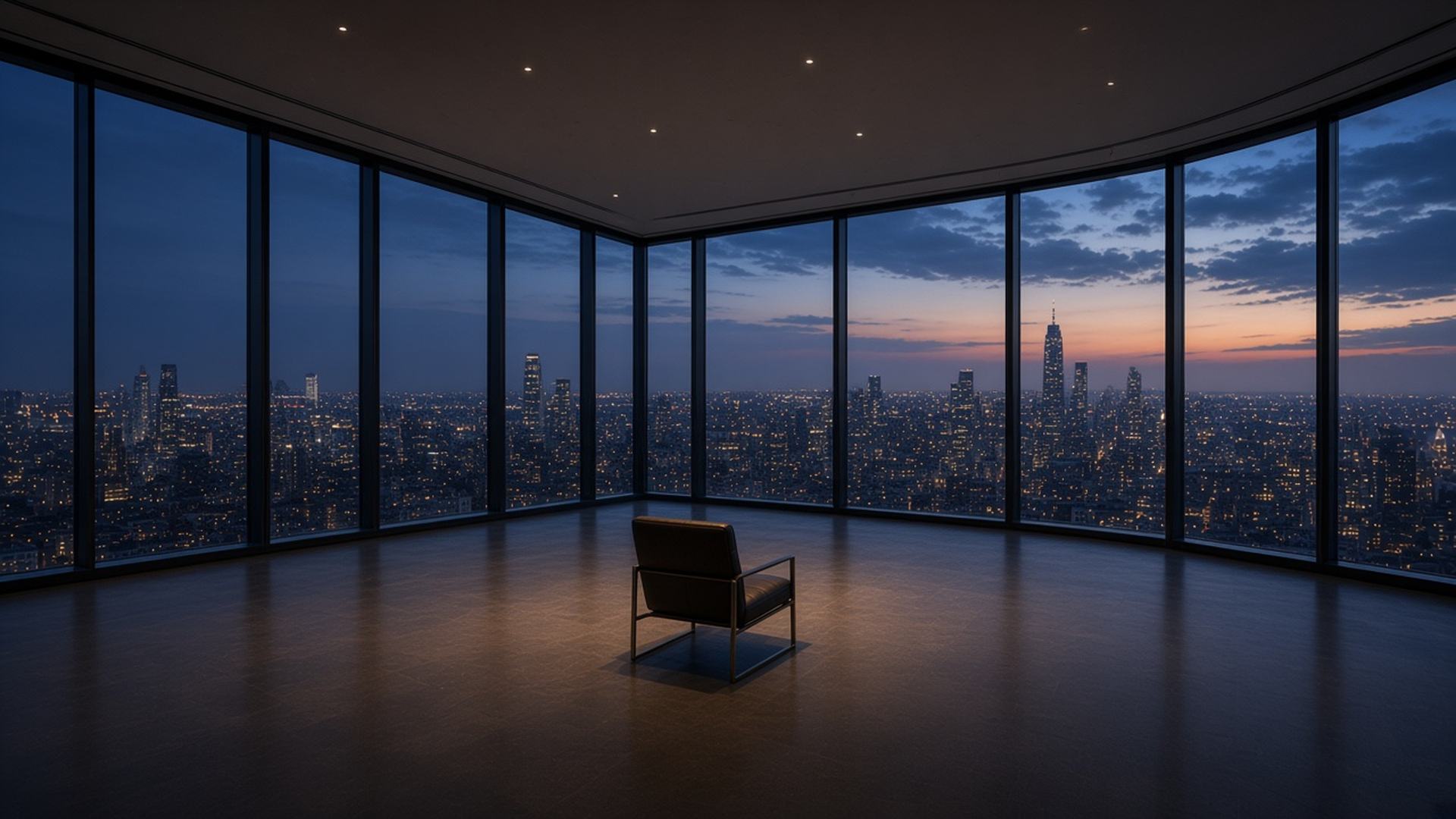 Vast empty upper floor with one chair facing a wall of glass