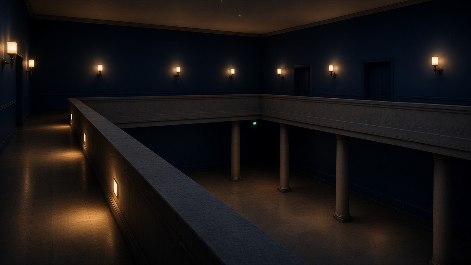 Quiet mezzanine overlooking a dark empty hall